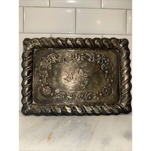 ANTIQUE SILVER PLATED - REYNOLDS ANGELS - EMBOSSED CARD‎ TRAY  1901, 11¾" x 8½"